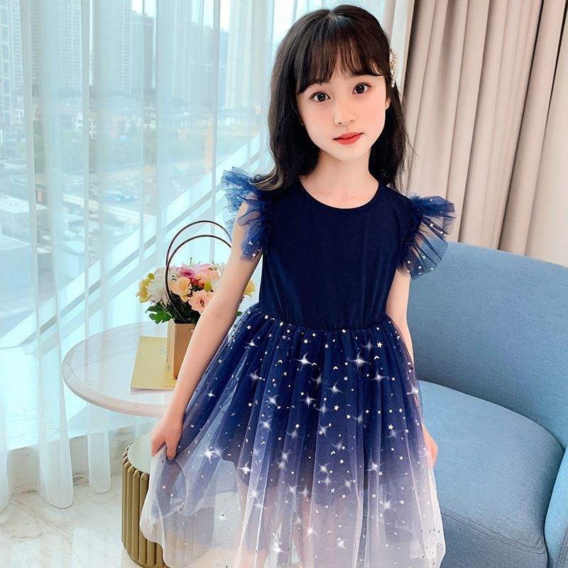 Girls' Navy Blue Starry Tulle Dress - Elegant Sleeveless Princess Party Gown with Ruffled Shoulders for Kids