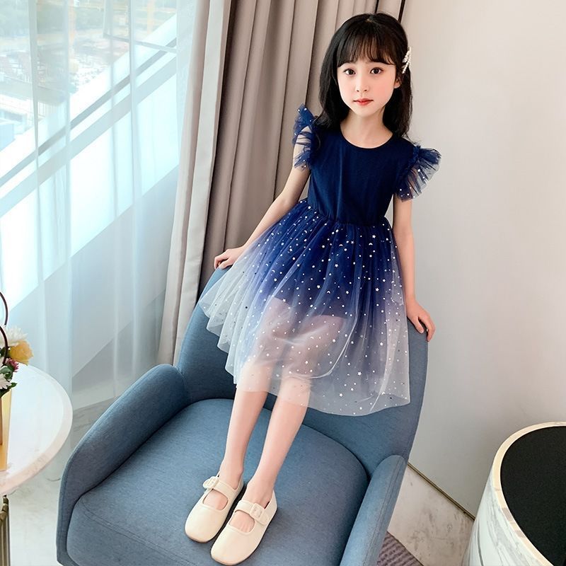 Girls' Navy Blue Starry Tulle Dress - Elegant Sleeveless Princess Party Gown with Ruffled Shoulders for Kids