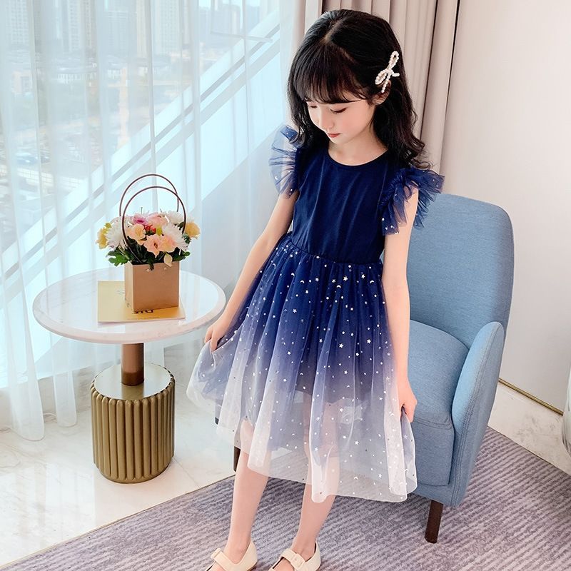 Girls' Navy Blue Starry Tulle Dress - Elegant Sleeveless Princess Party Gown with Ruffled Shoulders for Kids