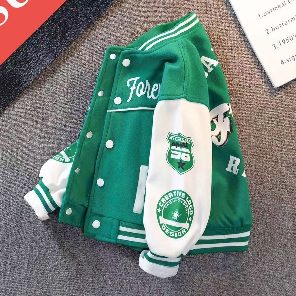 Unisex Kids Varsity Jacket - Green and Black Athletic Letterman Style, Long-Sleeve Zip-Up for Boys and Girls