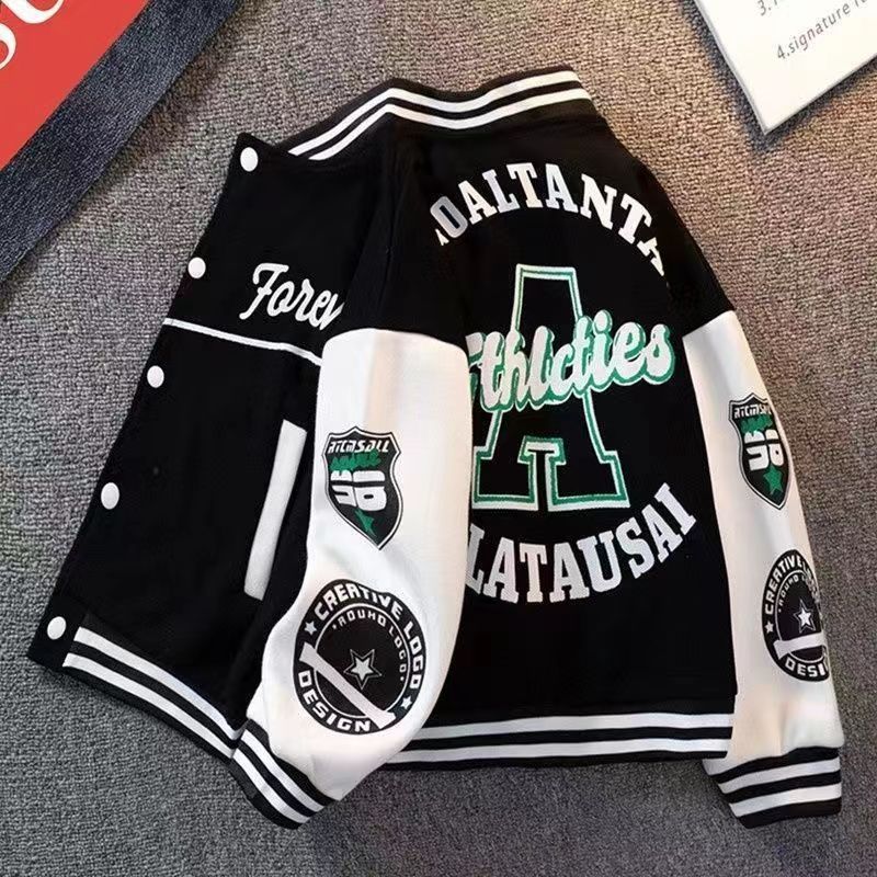 Unisex Kids Varsity Jacket - Green and Black Athletic Letterman Style, Long-Sleeve Zip-Up for Boys and Girls