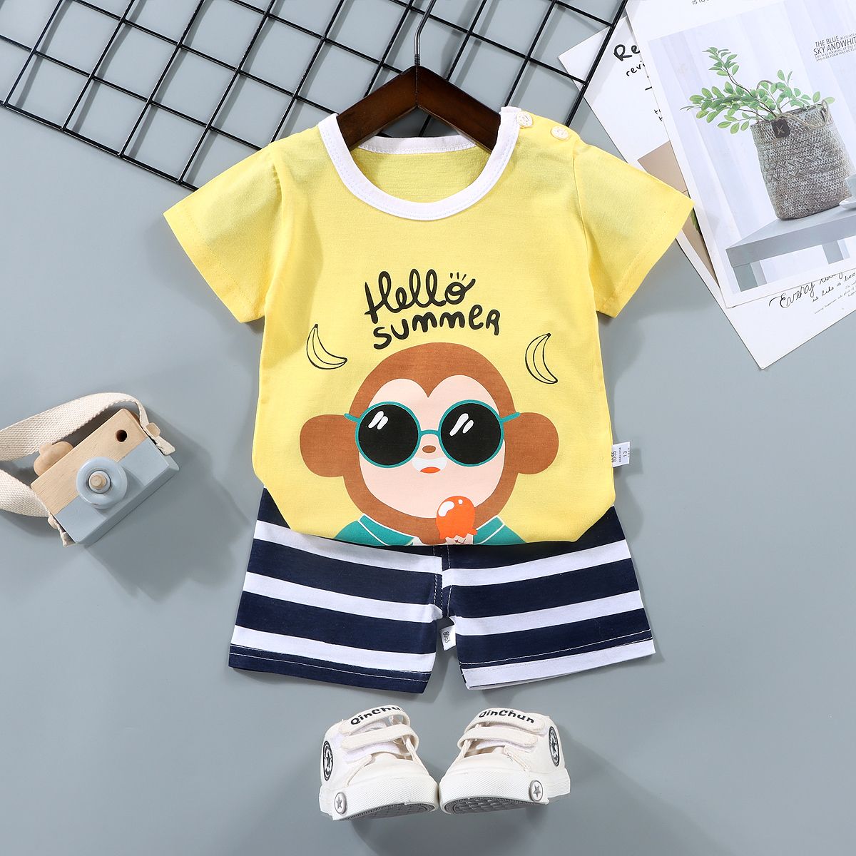 Boy's Summer Casual Clothing Set 100% Cotton Solid Fabric High Quality Kids Wear Newborns 9-Year-Olds Printed Logo Going Suit