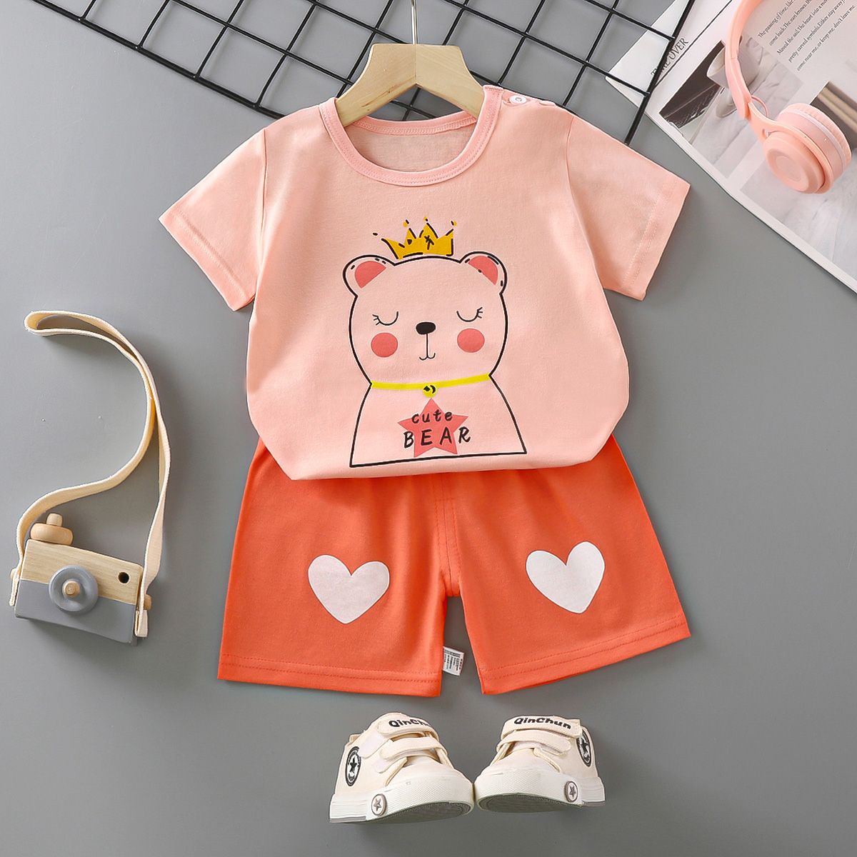 Casual 100% Cotton Animal Print Baby Clothing Set for Girls Soft Fabric Top and Shorts Outfits for Summer