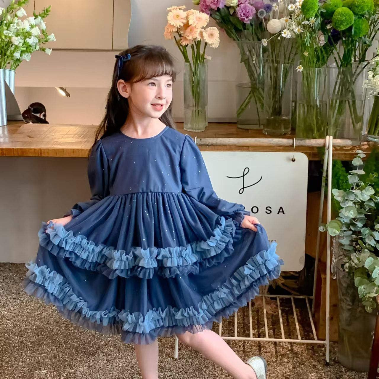 2024 New Boutique Wholesale blue Princess lolita Dress for Baby Kids Ruffle long Sleeve Clothing for Children