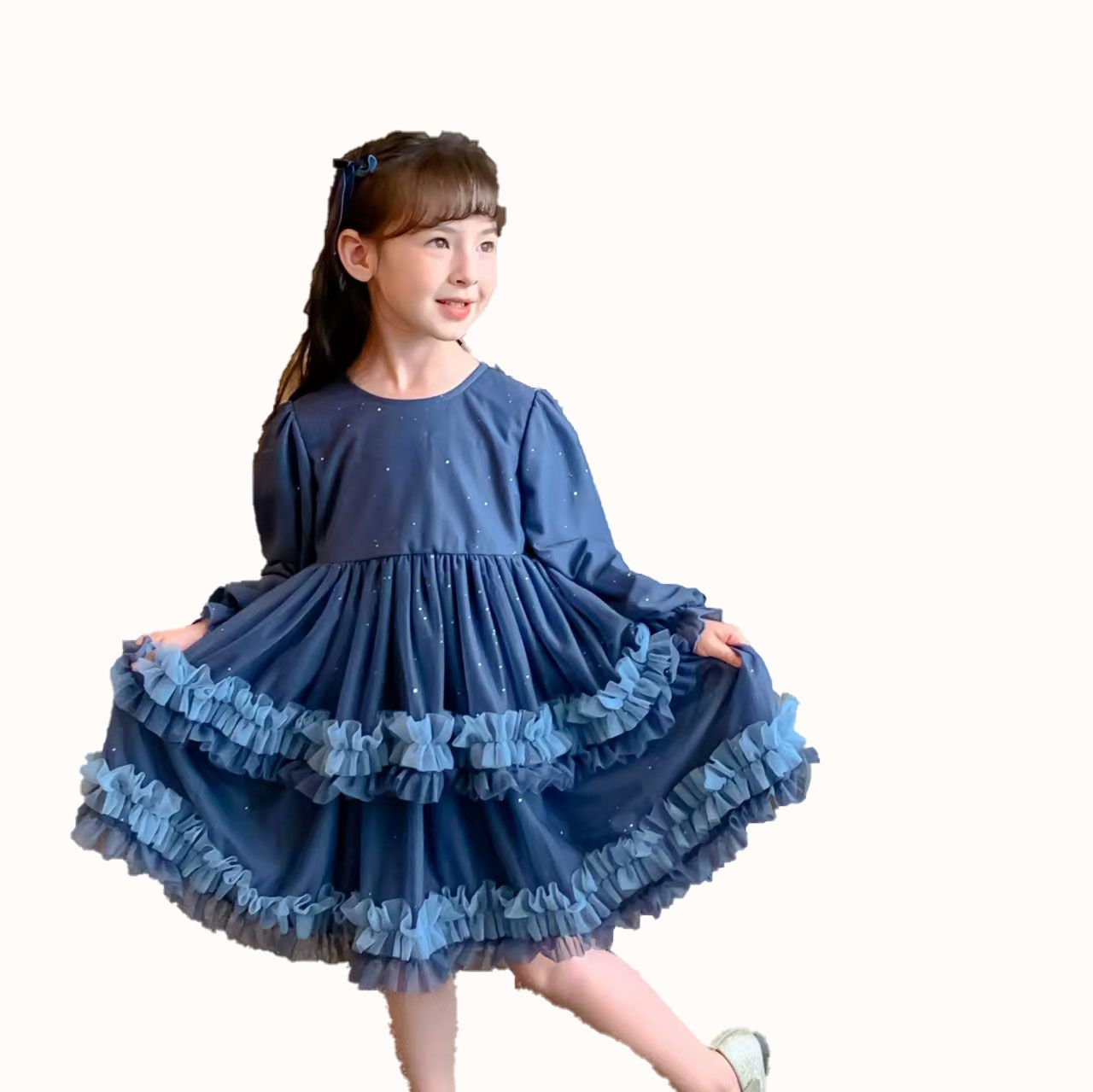 2024 New Boutique Wholesale blue Princess lolita Dress for Baby Kids Ruffle long Sleeve Clothing for Children