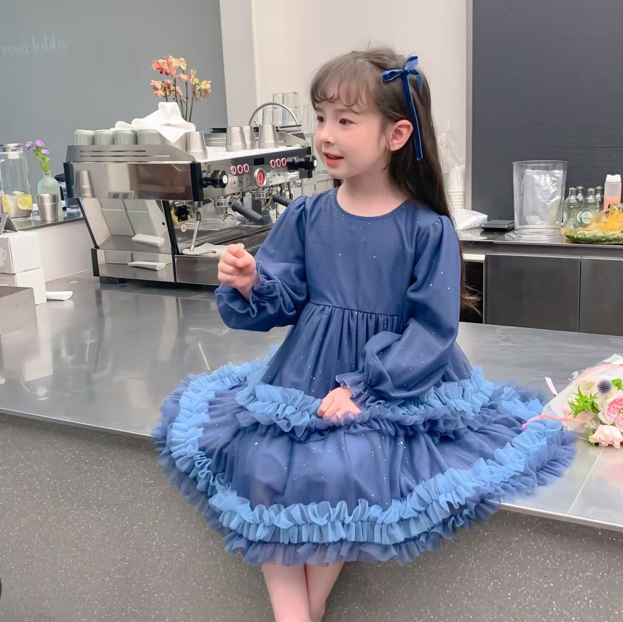 2024 New Boutique Wholesale blue Princess lolita Dress for Baby Kids Ruffle long Sleeve Clothing for Children