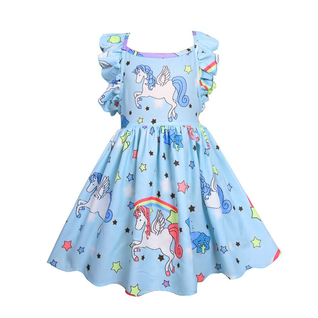 Girls' Cool Summer Unicorn Print Ruffle Sleeve Dress - Soft, Comfortable, and Adorably Cute