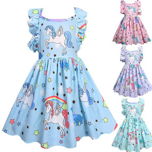 Girls' Cool Summer Unicorn Print Ruffle Sleeve Dress - Soft, Comfortable, and Adorably Cute