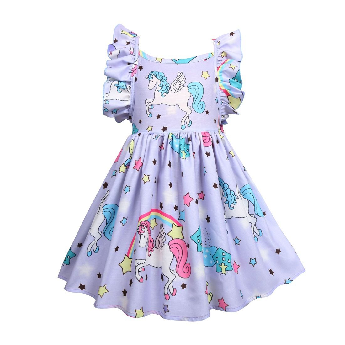 Girls' Cool Summer Unicorn Print Ruffle Sleeve Dress - Soft, Comfortable, and Adorably Cute