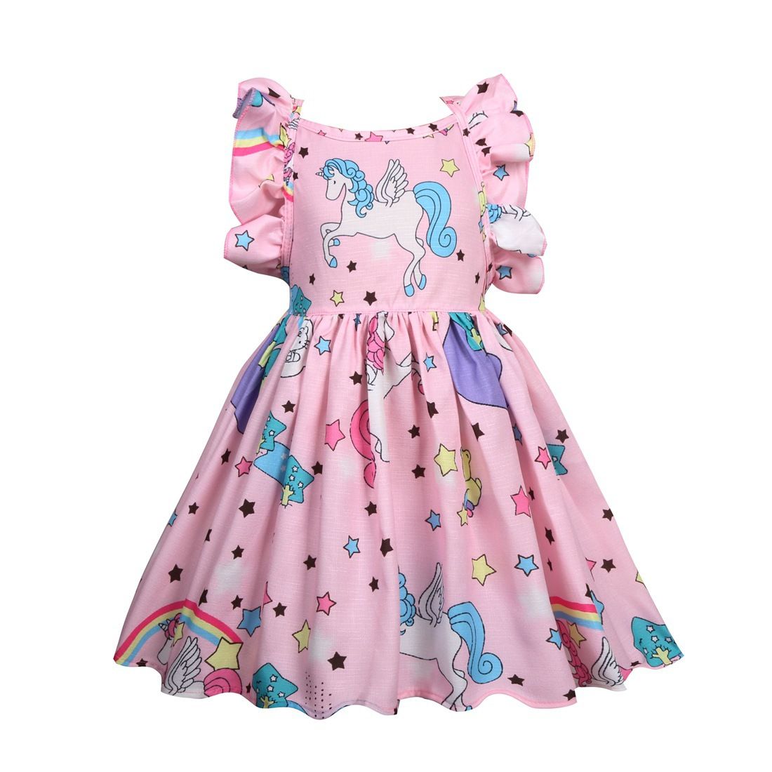 Girls' Cool Summer Unicorn Print Ruffle Sleeve Dress - Soft, Comfortable, and Adorably Cute