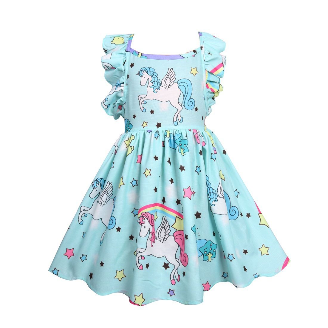 Girls' Cool Summer Unicorn Print Ruffle Sleeve Dress - Soft, Comfortable, and Adorably Cute