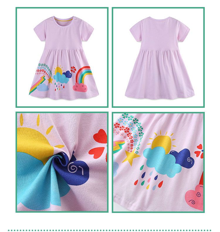 Girls' Short Sleeve Rainbow Print Summer Dress Soft Purple Cotton Casual Outfit with Colorful Cloud and Sun Design