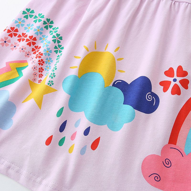 Girls' Short Sleeve Rainbow Print Summer Dress Soft Purple Cotton Casual Outfit with Colorful Cloud and Sun Design