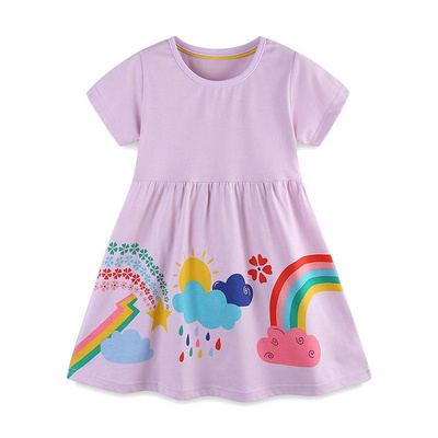 Girls' Short Sleeve Rainbow Print Summer Dress Soft Purple Cotton Casual Outfit with Colorful Cloud and Sun Design