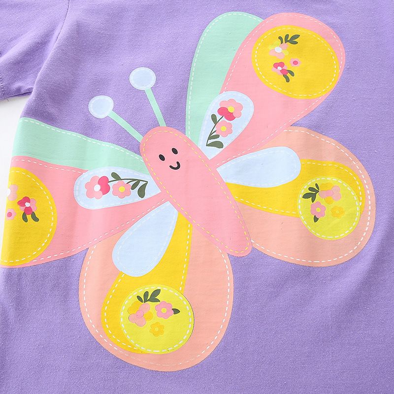 Girls' Summer Purple T-Shirt - Cute Butterfly Print Short Sleeve Top for Kids, Soft and Comfortable Casual Wear