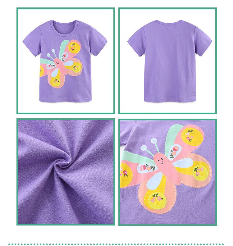 Girls' Summer Purple T-Shirt - Cute Butterfly Print Short Sleeve Top for Kids, Soft and Comfortable Casual Wear