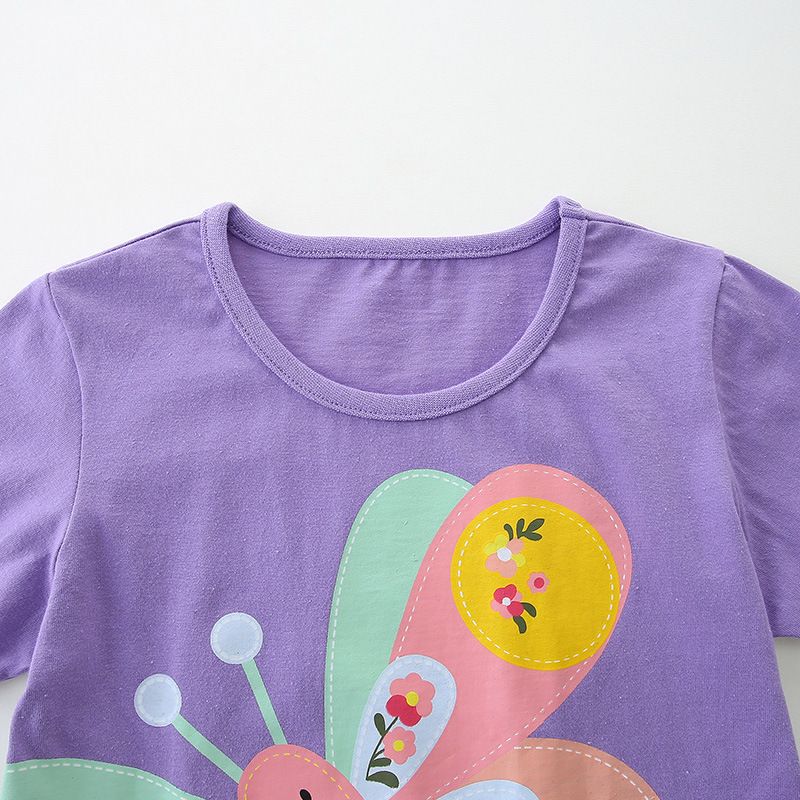 Girls' Summer Purple T-Shirt - Cute Butterfly Print Short Sleeve Top for Kids, Soft and Comfortable Casual Wear