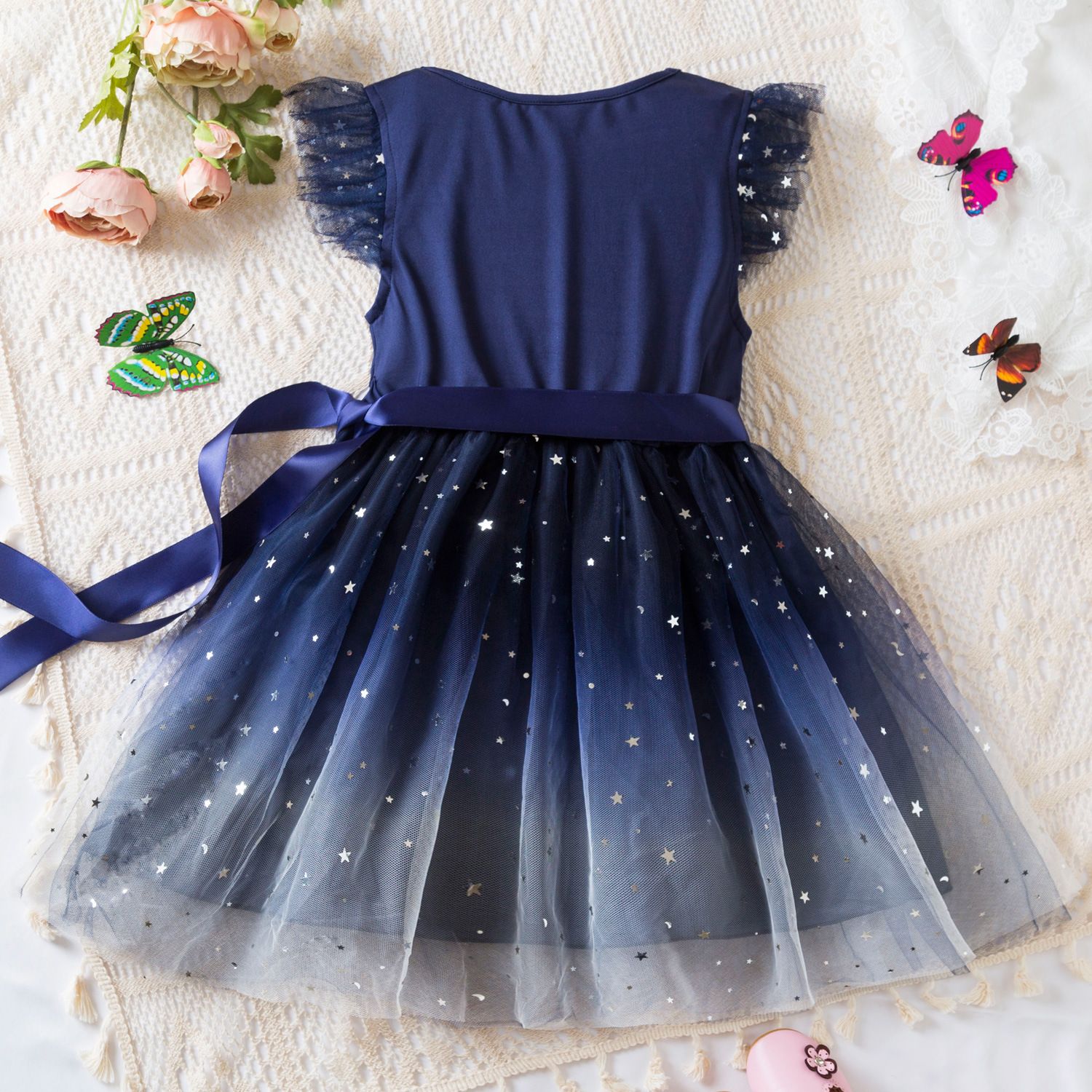 Girls' Sleeveless Starry Tulle Dress - Elegant Navy Blue and Light Blue Summer Princess Dress with Bow for Kids