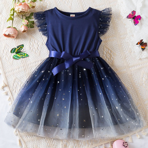 Girls' Sleeveless Starry Tulle Dress - Elegant Navy Blue and Light Blue Summer Princess Dress with Bow for Kids