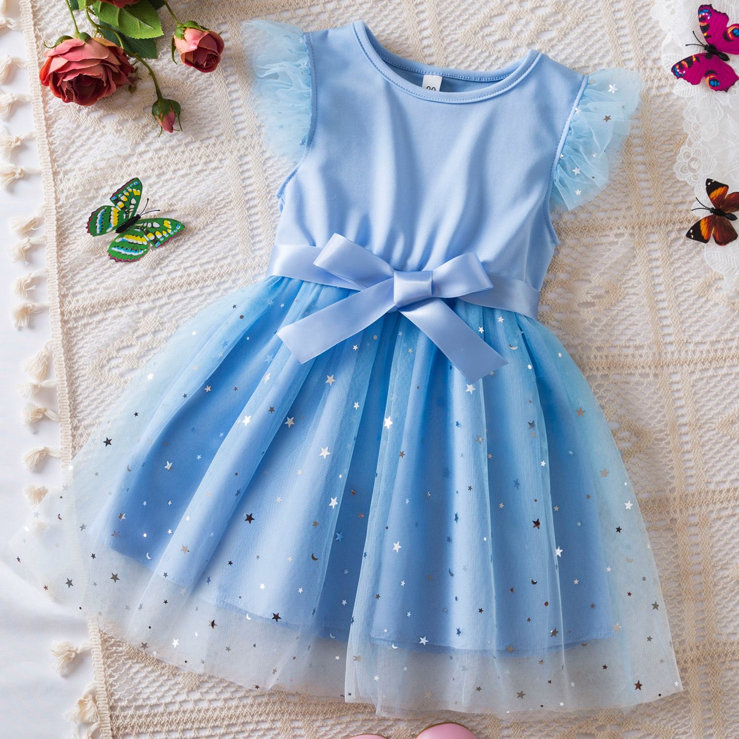 Girls' Sleeveless Starry Tulle Dress - Elegant Navy Blue and Light Blue Summer Princess Dress with Bow for Kids