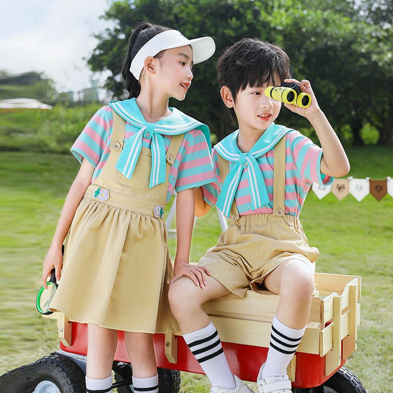 Summer pure cotton stripes matching and customized badge school uniform children's clothing