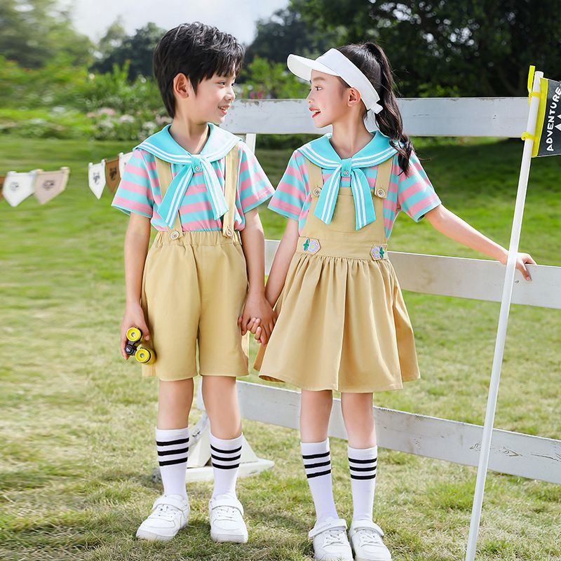 Summer pure cotton stripes matching and customized badge school uniform children's clothing