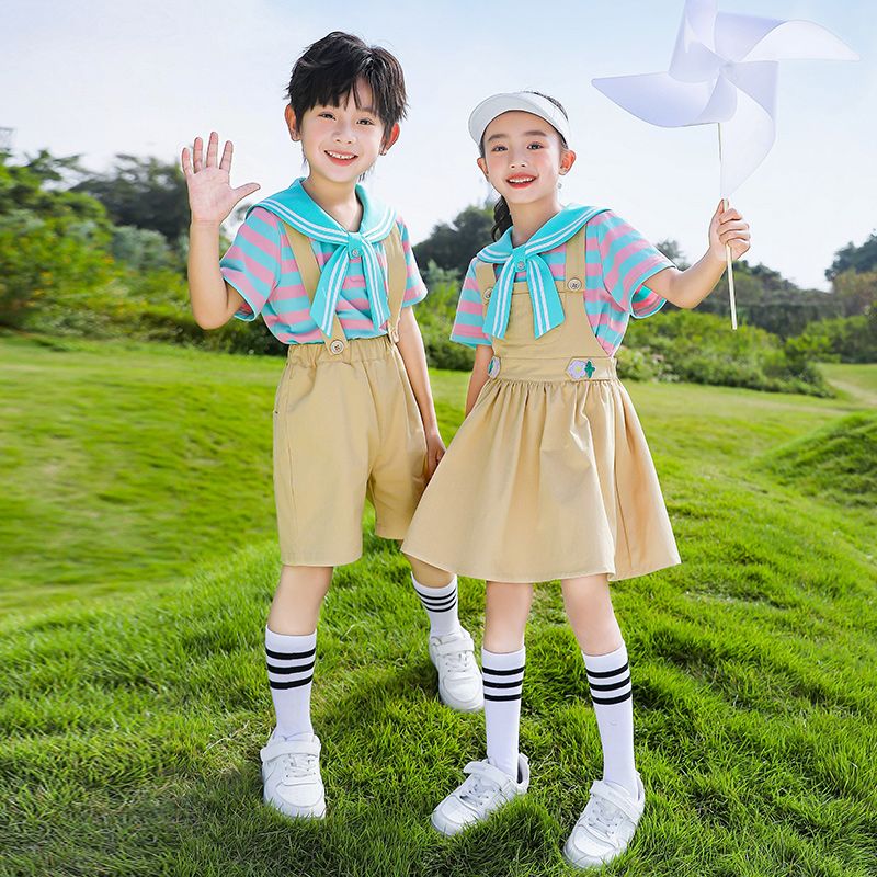 Summer pure cotton stripes matching and customized badge school uniform children's clothing