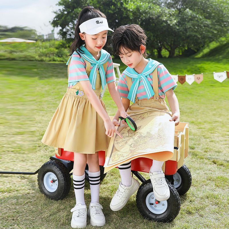 Summer pure cotton stripes matching and customized badge school uniform children's clothing