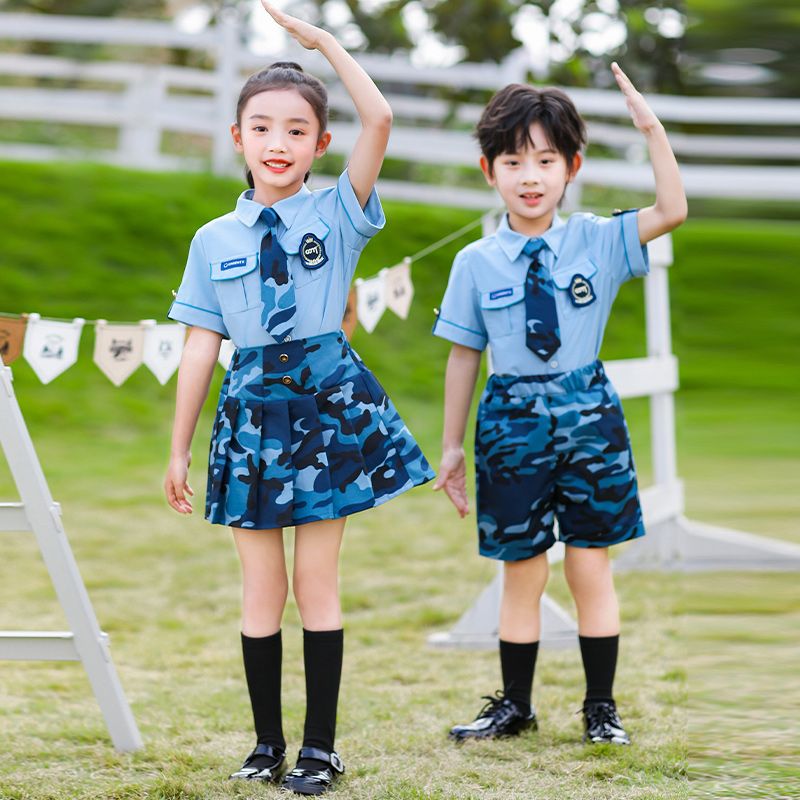 Summer cotton conditions matching and customized badge school uniform children's clothing second grade