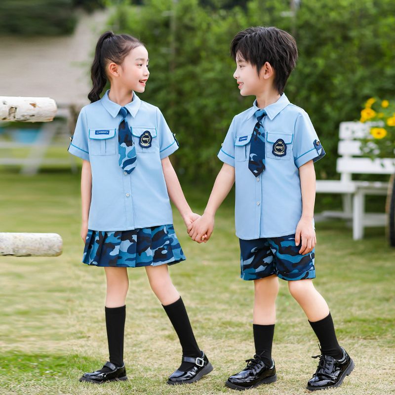 Summer cotton conditions matching and customized badge school uniform children's clothing second grade