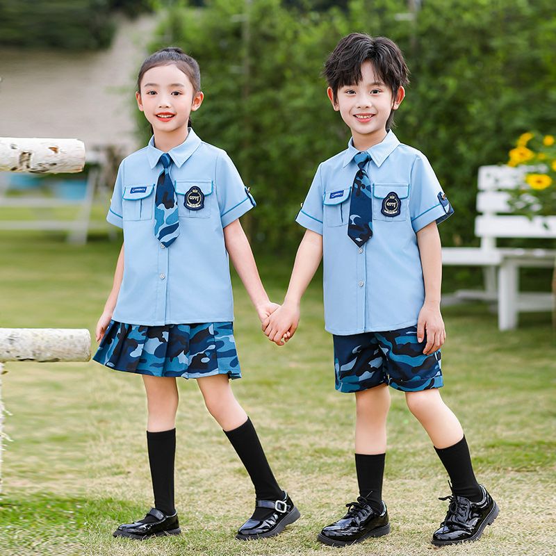 Summer cotton conditions matching and customized badge school uniform children's clothing second grade