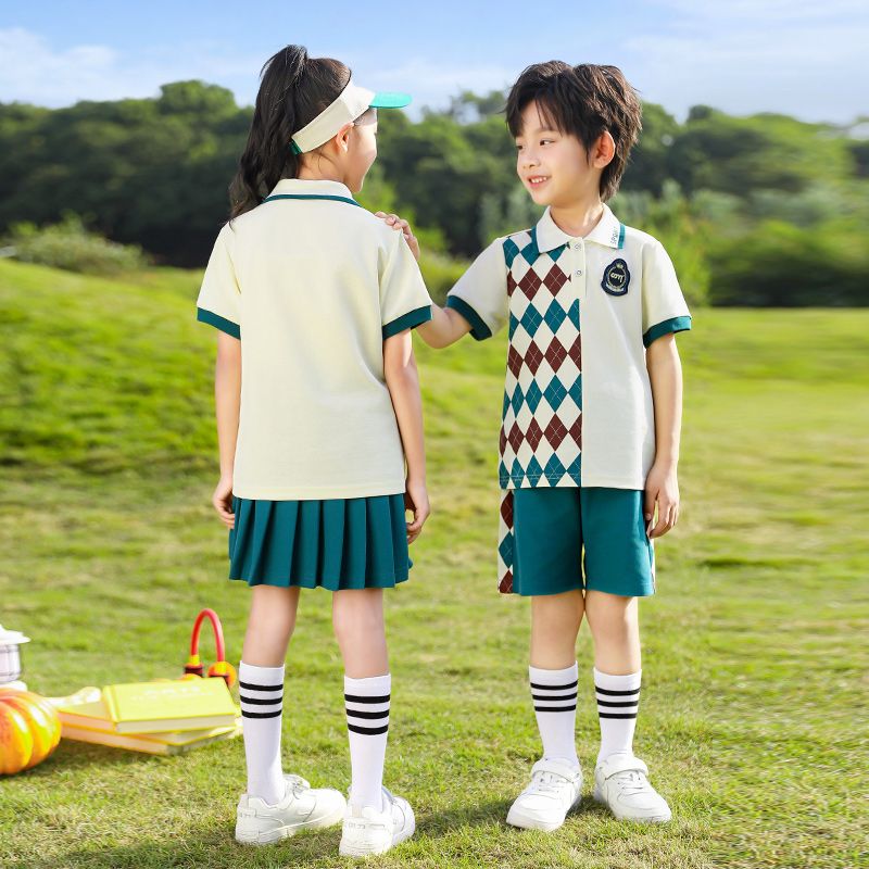 Summer cotton conditions matching and customized badge school uniform children's clothing fifth grade