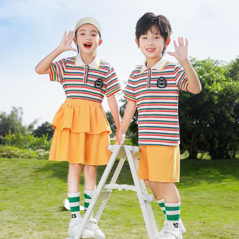 Summer cotton conditions matching and customized badge school uniform children's third grade