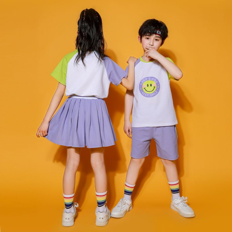 Summer cotton conditions matching and customized badge school uniform children second grade