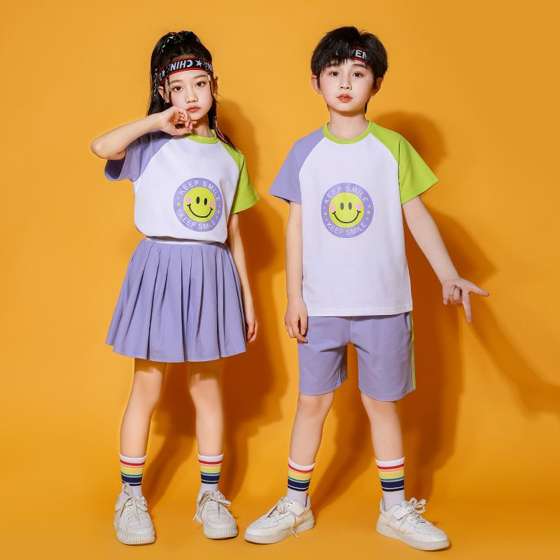 Summer cotton conditions matching and customized badge school uniform children second grade