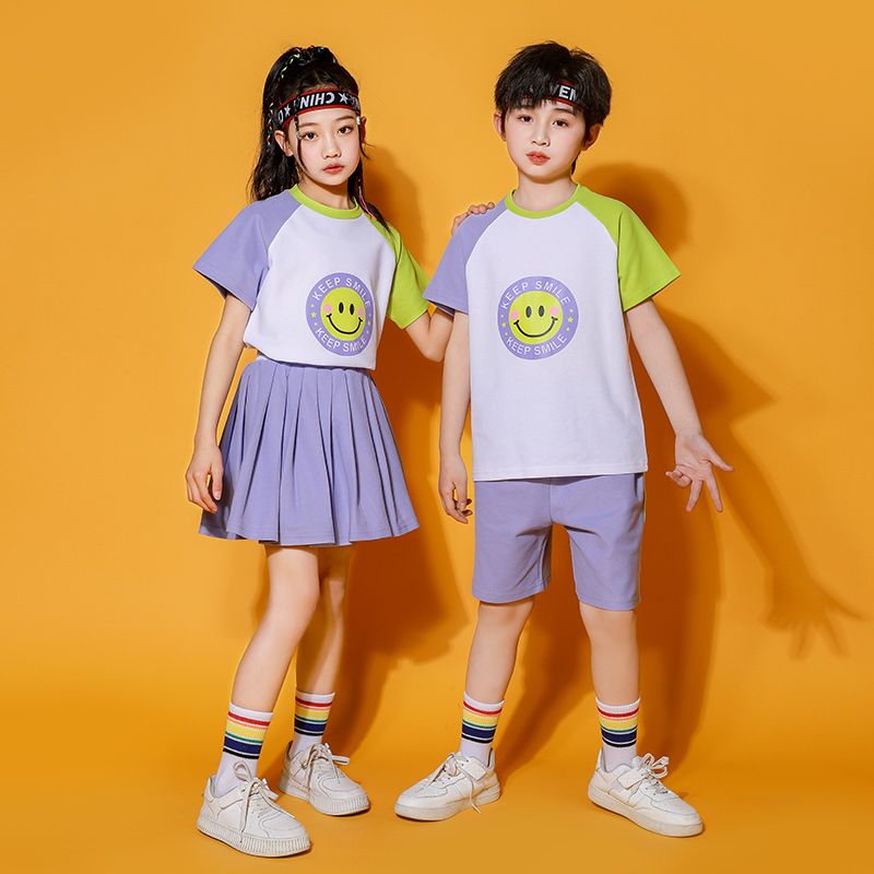 Summer cotton conditions matching and customized badge school uniform children second grade