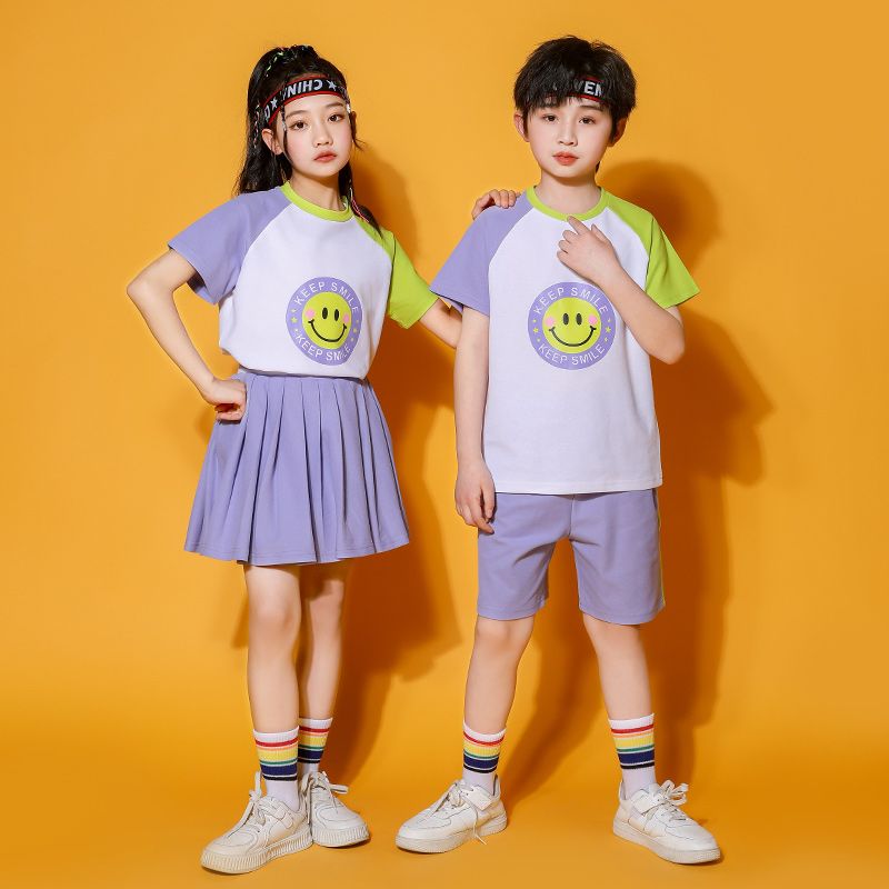 Summer cotton conditions matching and customized badge school uniform children second grade