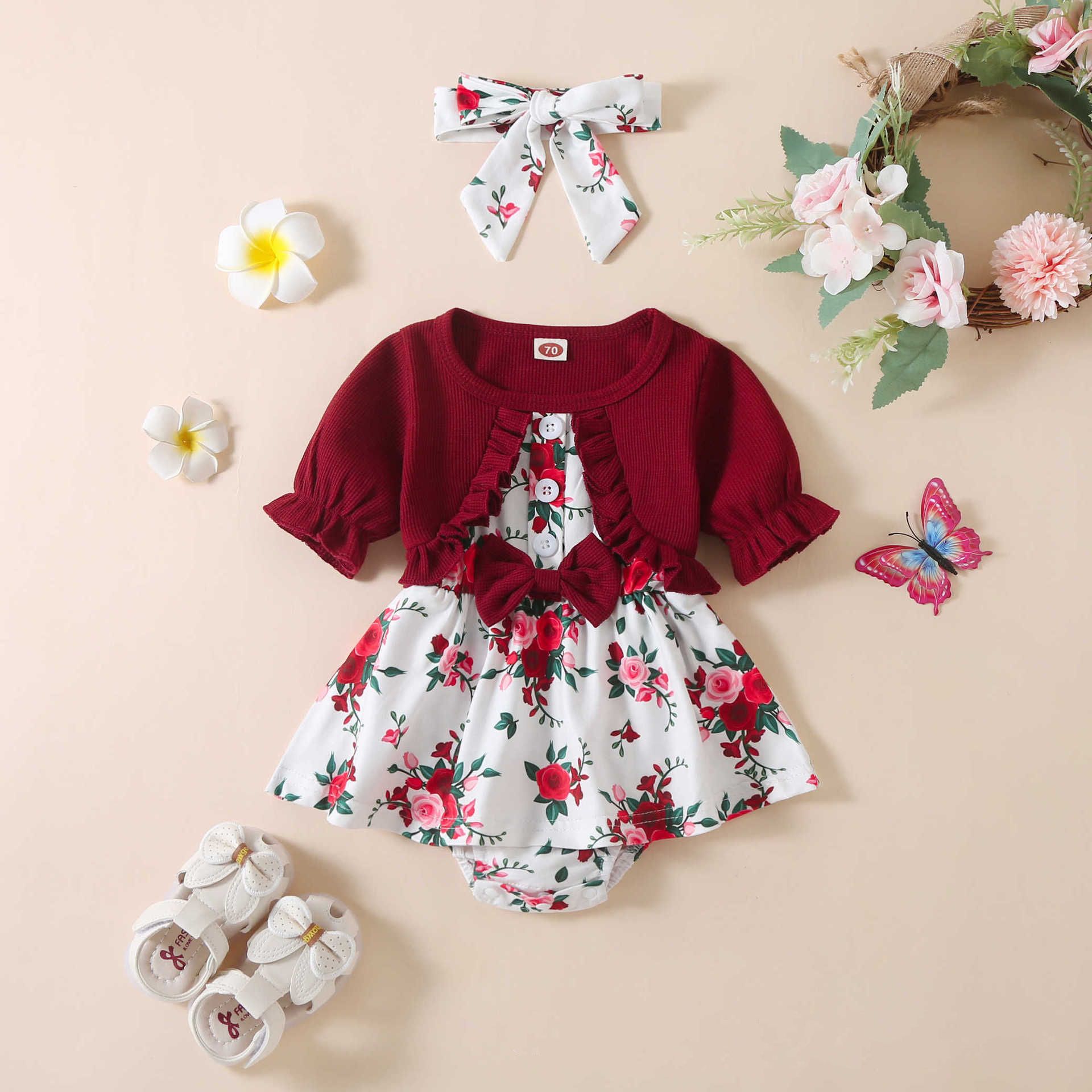 Baby Girls' Floral Print Romper Set - Cute Summer Outfits with Ruffle Cardigan and Matching Headband in Pink, Green, Red