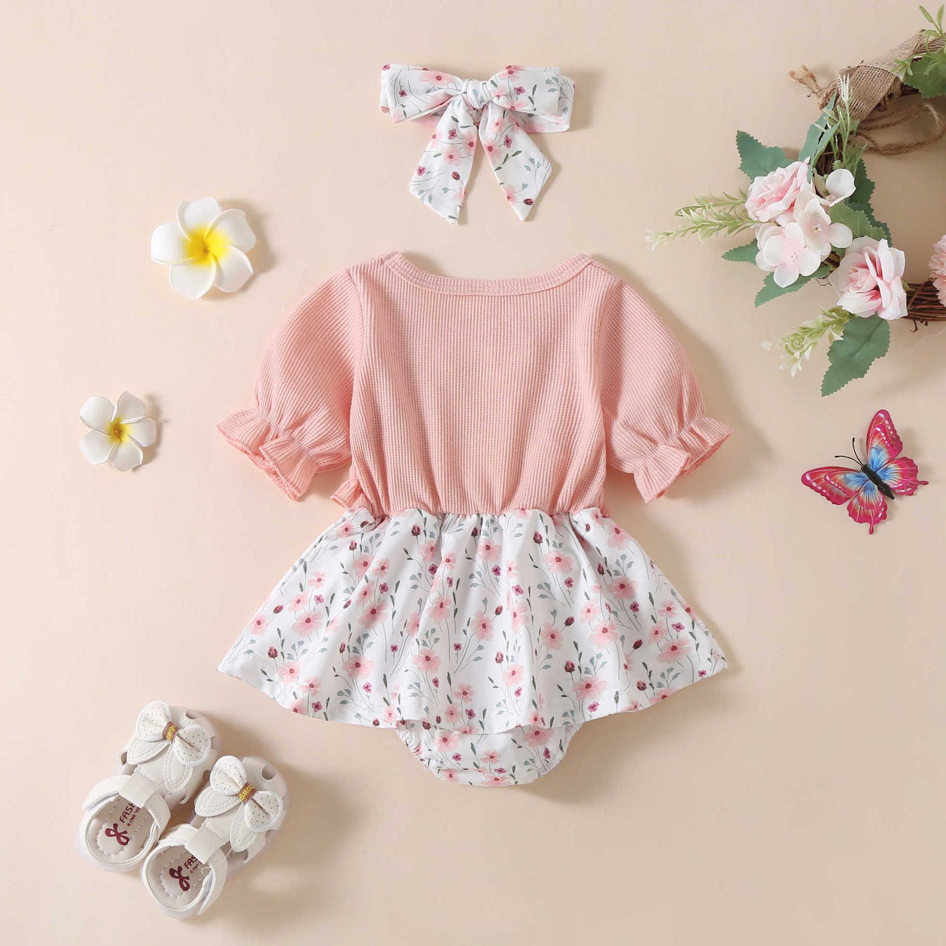 Baby Girls' Floral Print Romper Set - Cute Summer Outfits with Ruffle Cardigan and Matching Headband in Pink, Green, Red