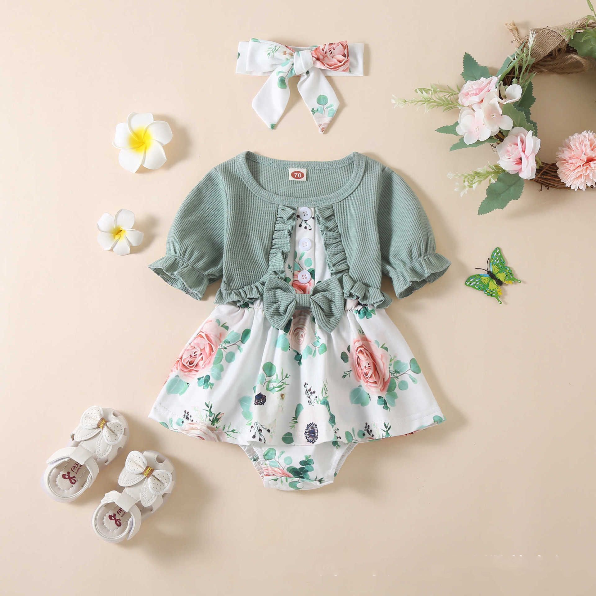 Baby Girls' Floral Print Romper Set - Cute Summer Outfits with Ruffle Cardigan and Matching Headband in Pink, Green, Red