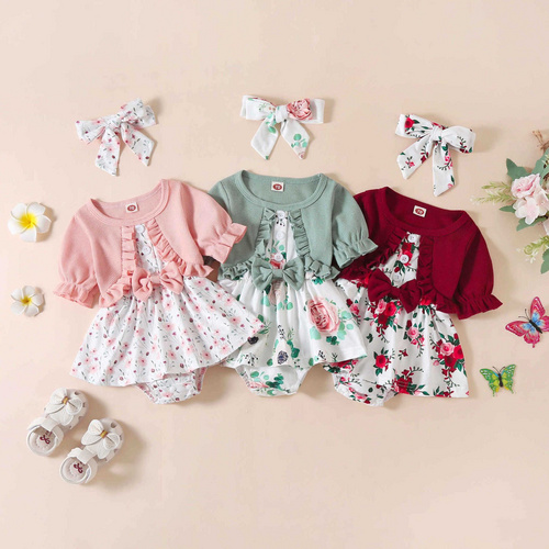 Baby Girls' Floral Print Romper Set - Cute Summer Outfits with Ruffle Cardigan and Matching Headband in Pink, Green, Red