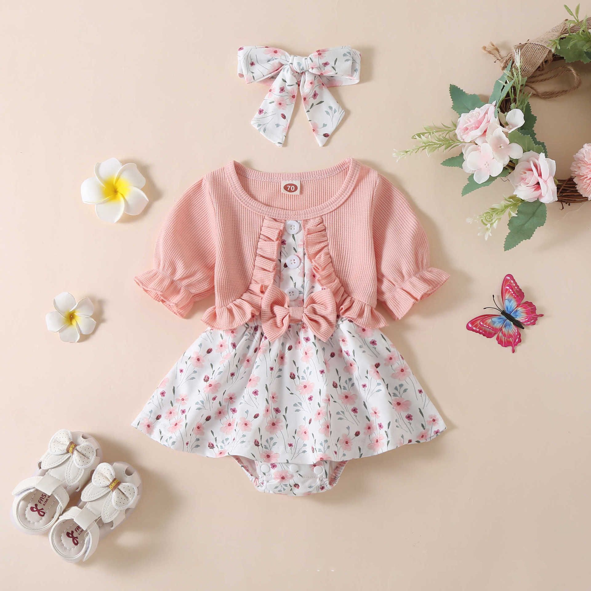 Baby Girls' Floral Print Romper Set - Cute Summer Outfits with Ruffle Cardigan and Matching Headband in Pink, Green, Red