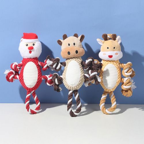 Durable Christmas Pet Chew Toy Set Santa Reindeer Plush with Knotted Rope for Small to Dogs