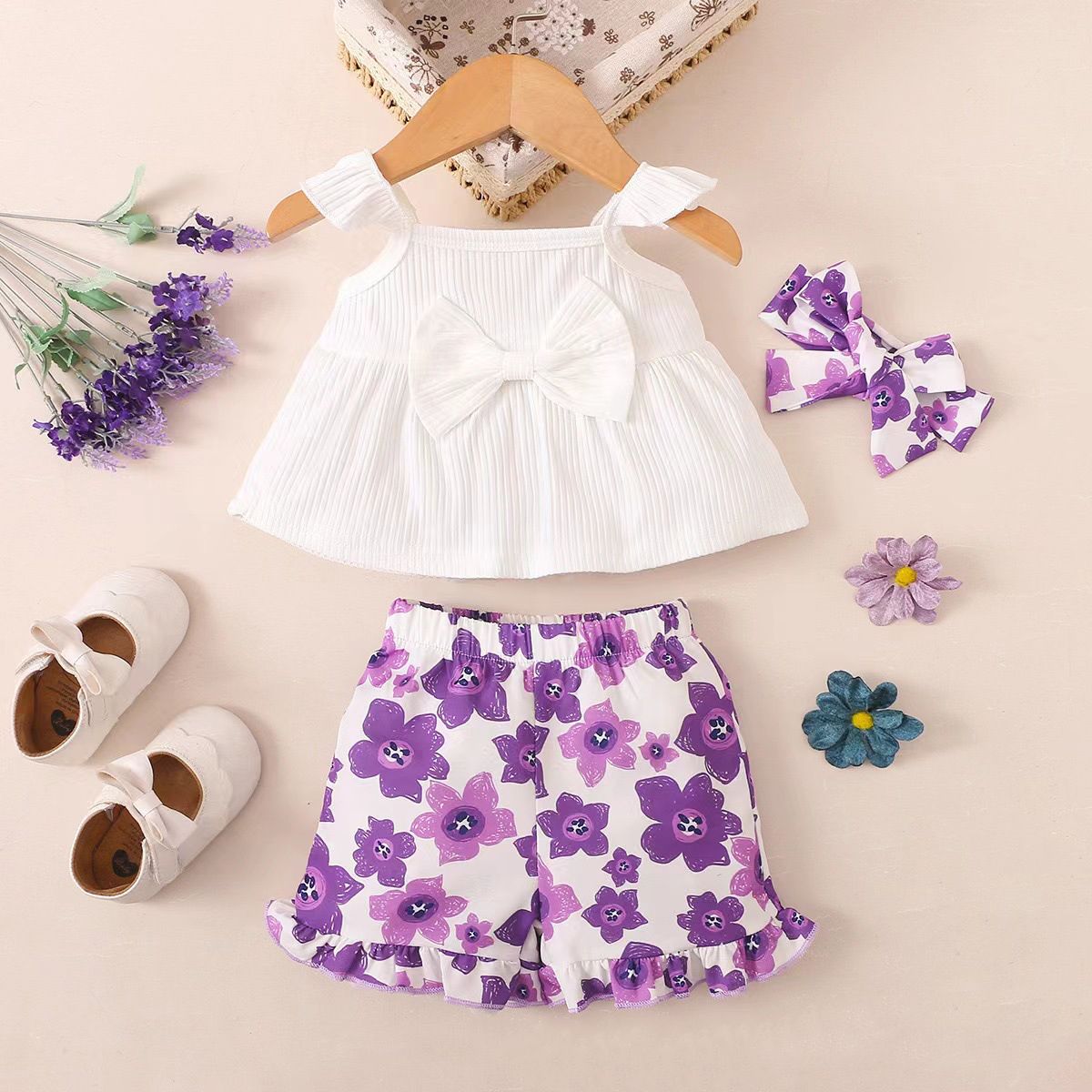 Girls' Summer Floral Print Ruffle Tank Top & Shorts Set - Cute Sleeveless Bow Outfits with Matching Headband