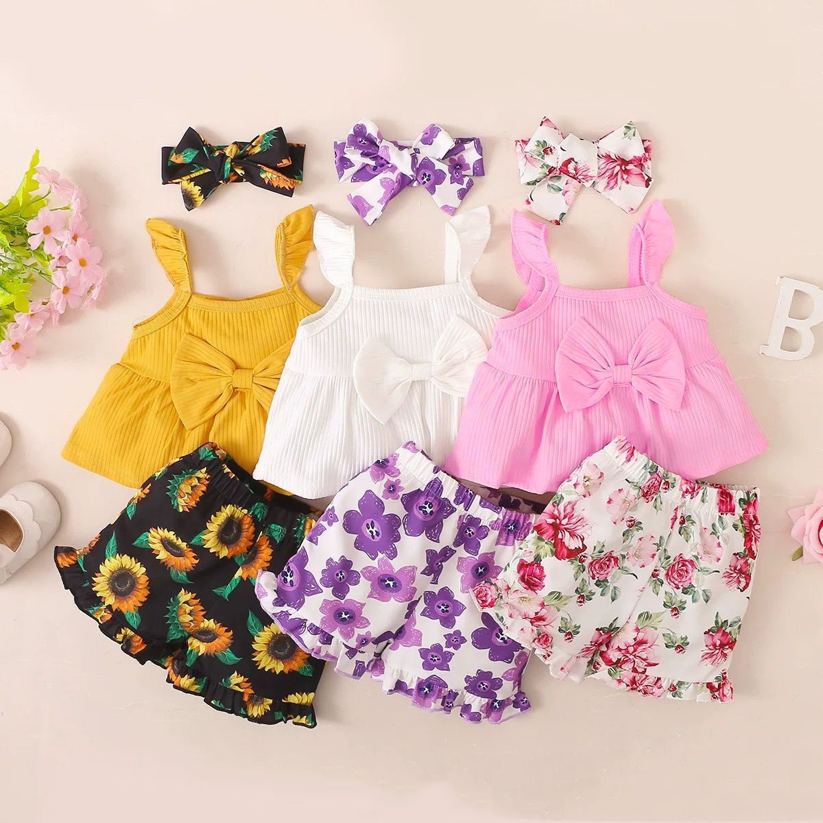 Girls' Summer Floral Print Ruffle Tank Top & Shorts Set - Cute Sleeveless Bow Outfits with Matching Headband