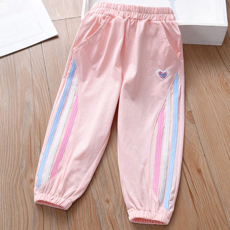 Girls' Spring Cotton Jogger Pants - Heart Embroidery with Colorful Stripes, Elastic Waist Casual Trousers for Kids