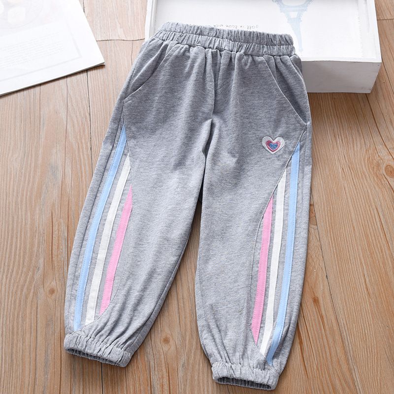 Girls' Spring Cotton Jogger Pants - Heart Embroidery with Colorful Stripes, Elastic Waist Casual Trousers for Kids