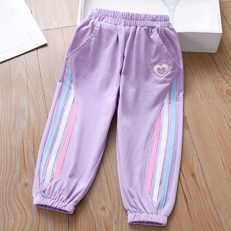 Girls' Spring Cotton Jogger Pants - Heart Embroidery with Colorful Stripes, Elastic Waist Casual Trousers for Kids