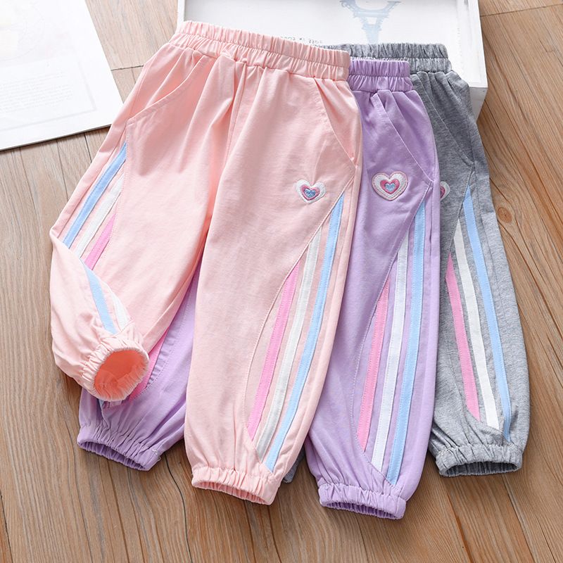 Girls' Spring Cotton Jogger Pants - Heart Embroidery with Colorful Stripes, Elastic Waist Casual Trousers for Kids