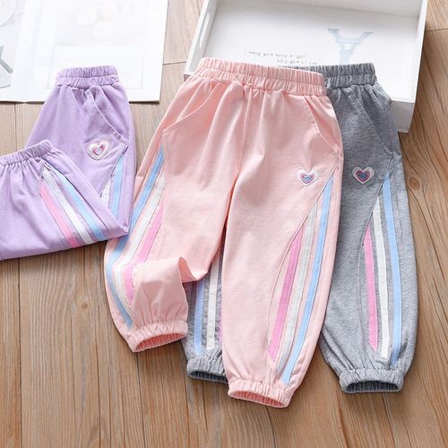 Girls' Spring Cotton Jogger Pants - Heart Embroidery with Colorful Stripes, Elastic Waist Casual Trousers for Kids